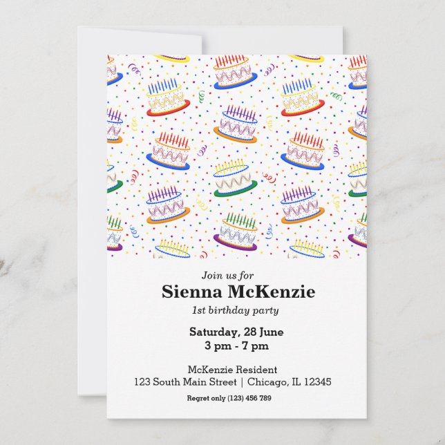 Invitación Tortas de cumpleaños arco iris de confeti (Anverso)