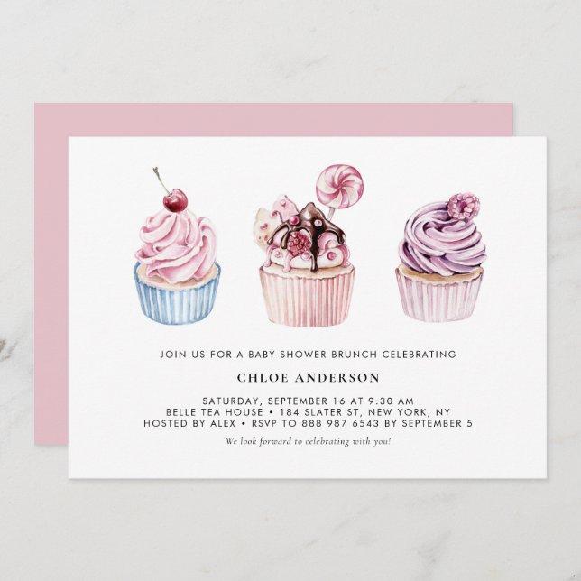 Invitación Tortas rosadas y moradas Baby Shower Brunch (Anverso / Reverso)