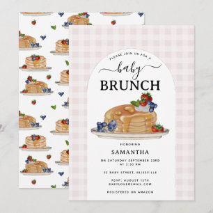 Invitación Tortitas Bayas Desayuno Brunch Cuadro Escocés Rosa