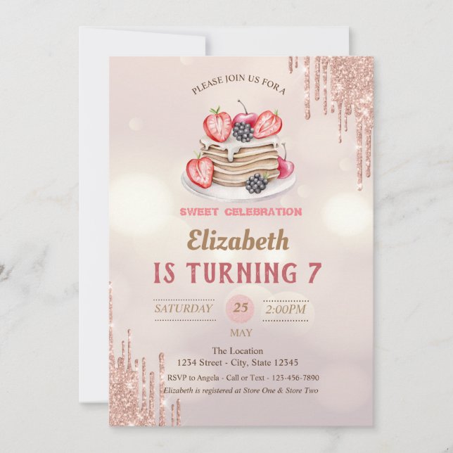 Invitación Tortitas Brillo Goteos Bokeh Cumpleaños (Anverso)