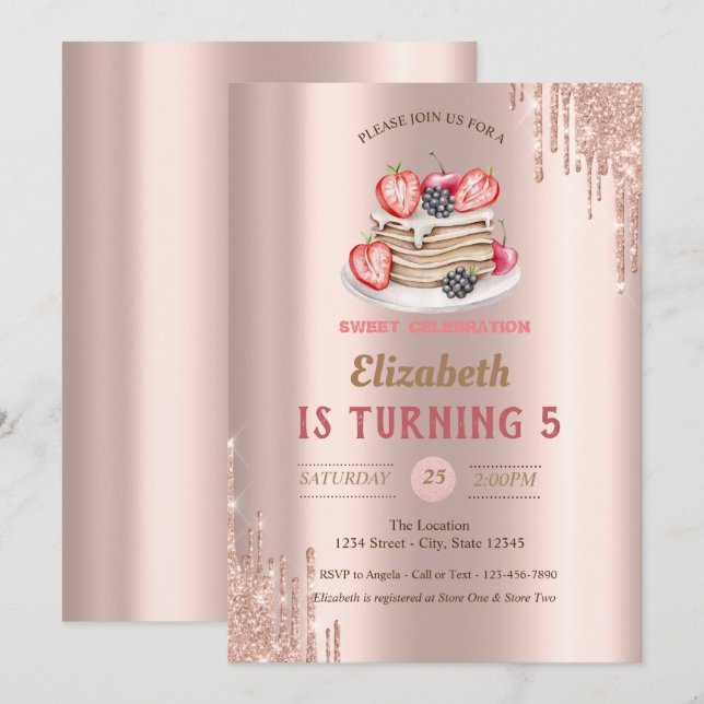 Invitación Tortitas, Cumpleaños con gotas de oro rosa (Anverso / Reverso)
