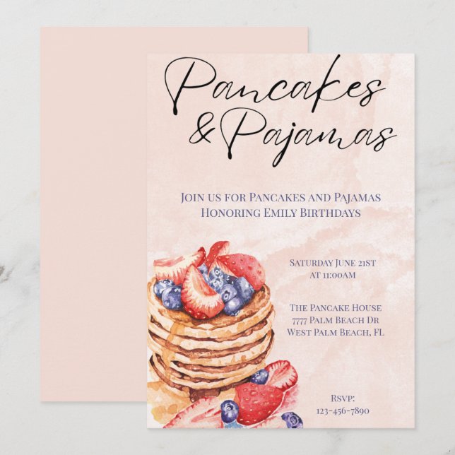 Invitación Tortitas de Acuarela y Celebración de Pijamas (Anverso / Reverso)