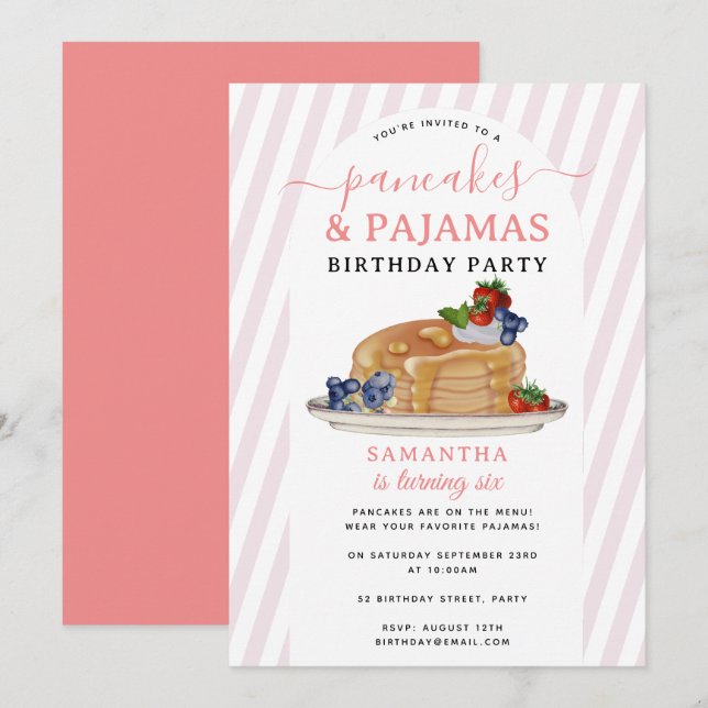 Invitación Tortitas Pijamas Cumpleaños De Niñas Fiesta (Anverso / Reverso)