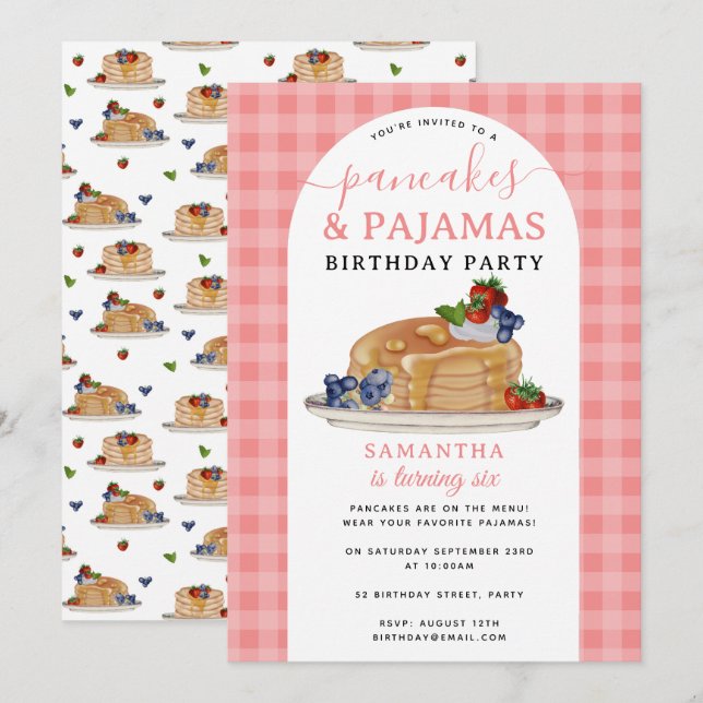 Invitación Tortitas Pijamas PJ's Niña Cumpleaños Fiesta (Anverso / Reverso)