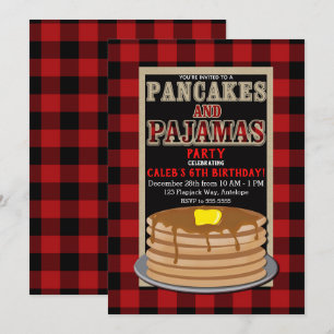Invitación Tortitas Rústicas & Pijamas Plaid Búfalo Rojo Negr