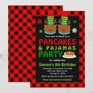 Invitación Tortitas y pijamas Cumpleaños Reno Rojo Cuadros Es