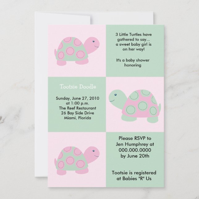 Invitación Tortuga 5x7 Baby Shower de la MOD de tres pequeña (Anverso)