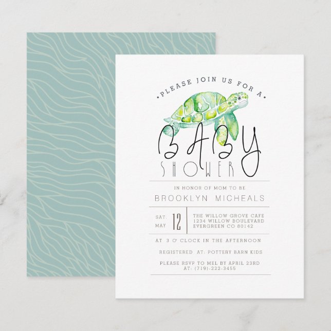 Invitación Tortuga acuarela | Baby Shower acuático (Anverso / Reverso)