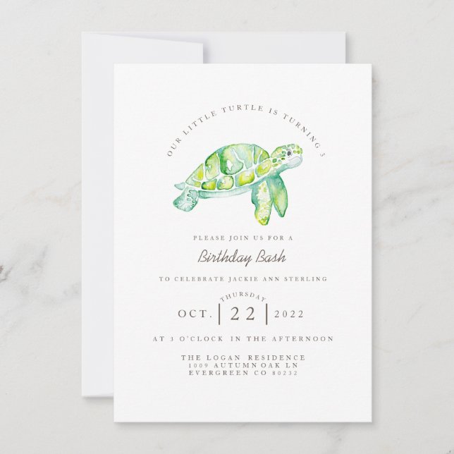 Invitación Tortuga acuarela | Cumpleaños de Ocean Life (Anverso)