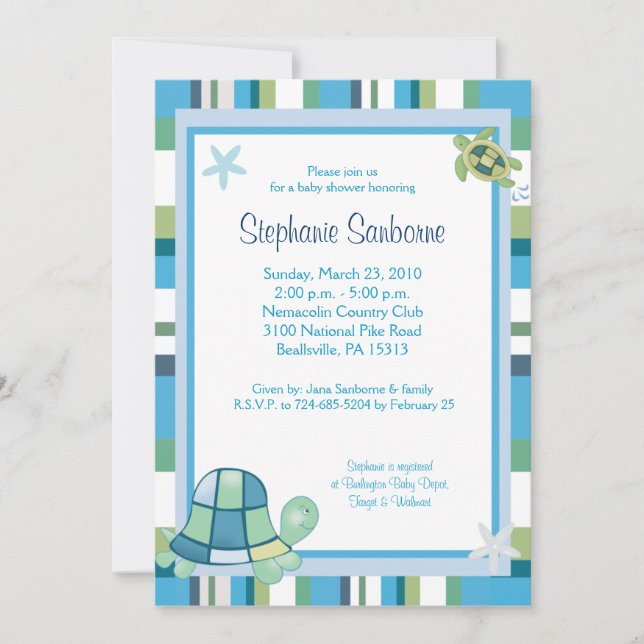 Invitación Tortuga Bahía Azul Stripe Boy/Chica Baby Shower 5x (Anverso)