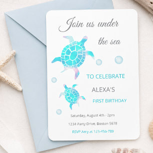 Invitación Tortuga Bajo El Mar Acuarela  1er Cumpleaños