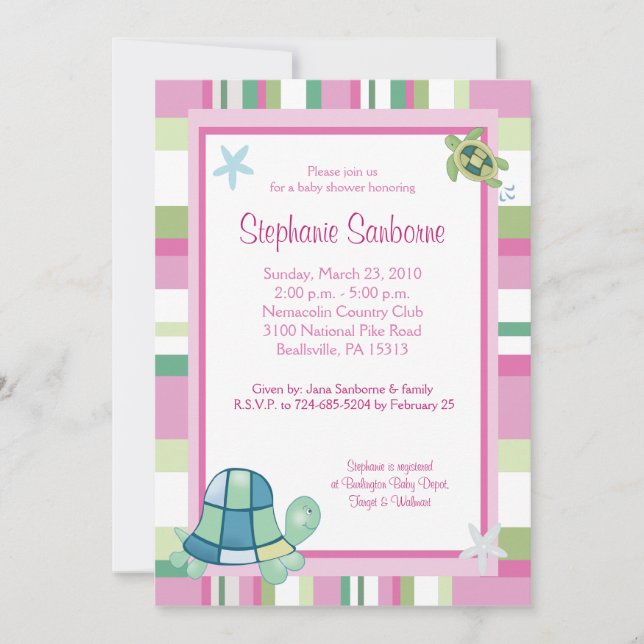 Invitación Tortuga Bay Chica de banda rosa Baby Shower 5x7 (Anverso)