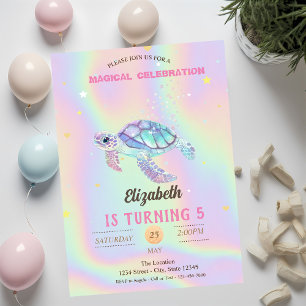 Invitación Tortuga Brillante Cumpleaños Holográfico de Verano