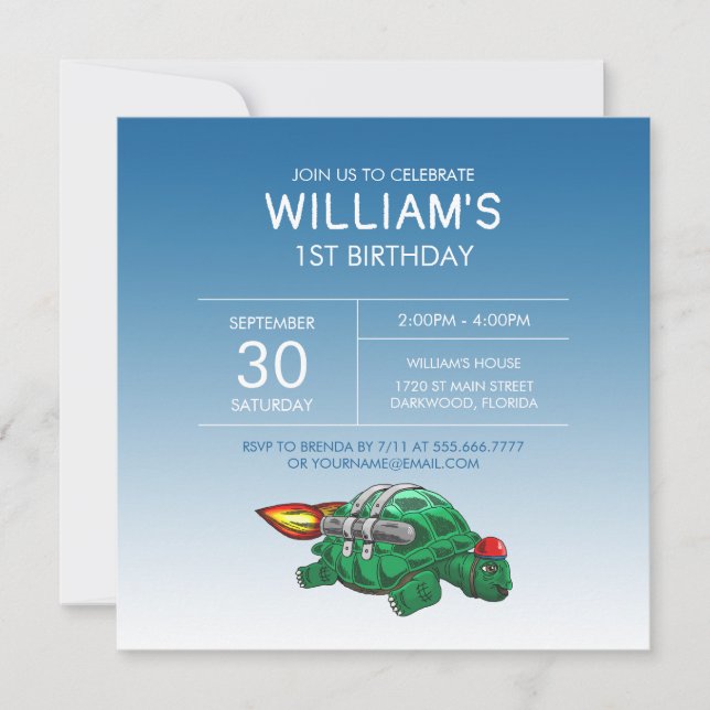 Invitación Tortuga Cohete Cumpleaños (Anverso)