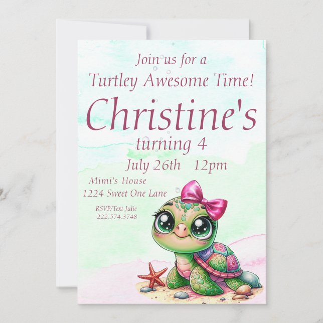 Invitación Tortuga, cuarto cumpleaños, bajo el mar (Anverso)