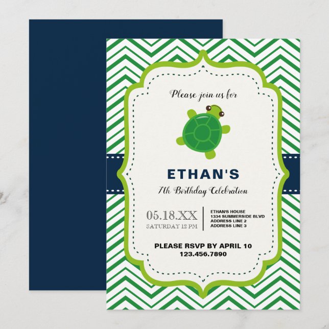 Invitación Tortuga CUTE azul kawaii niños cumpleaños (Anverso / Reverso)