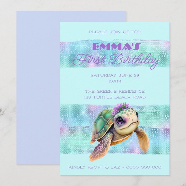 Invitación Tortuga Cute Summer Beach Aqua 1er cumpleaños (Anverso / Reverso)