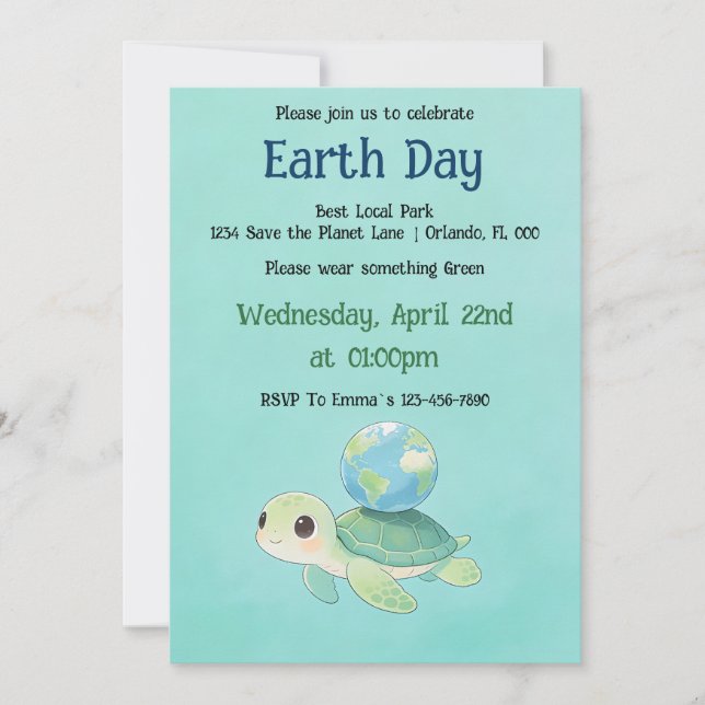 Invitación Tortuga del Día de la Tierra con Globo (Anverso)