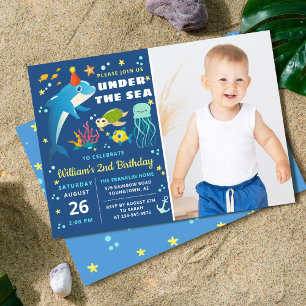 Invitación Tortuga delfín bajo la foto de cumpleaños de Sea B
