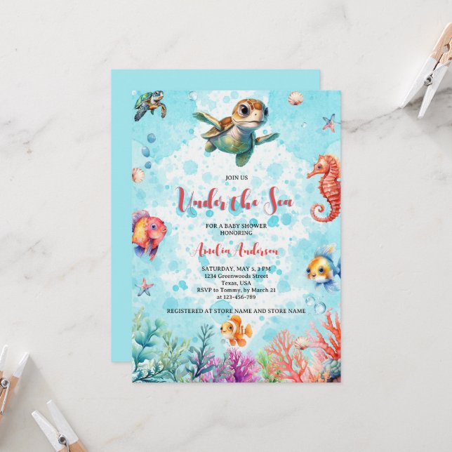 Invitación Tortuga dulce bajo el mar criaturas Baby Shower (Anverso/Reverso In Situ)