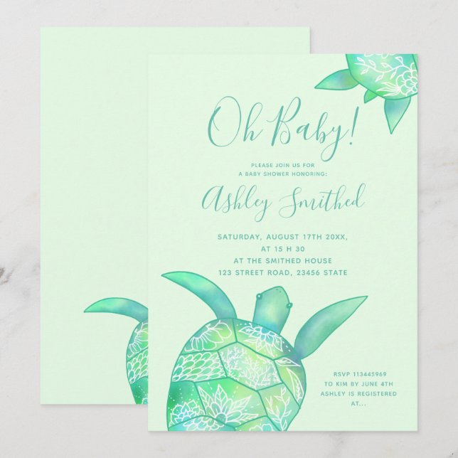 Invitación Tortuga floral suave de verano acuarela de la duch (Anverso / Reverso)