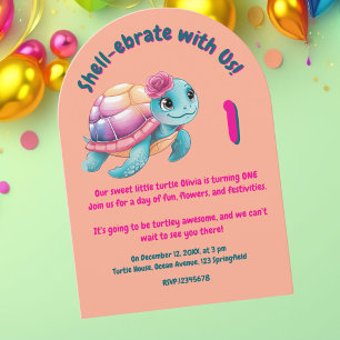Invitación Tortuga floral y chiflada deliciosa niños cumpleañ