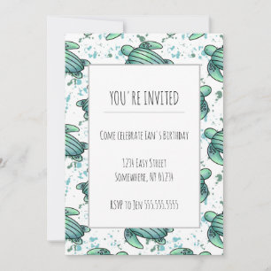 Invitación tortuga marina acuarela verde azul patrón animal