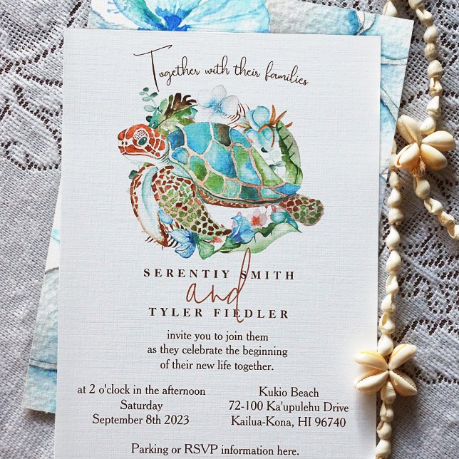 Invitación Tortuga marina, Boda de guirnalda verde tropical (Watercolor Sea Turtle Wedding Invitation for Sea Blue, Green, Brown Island Color Theme)