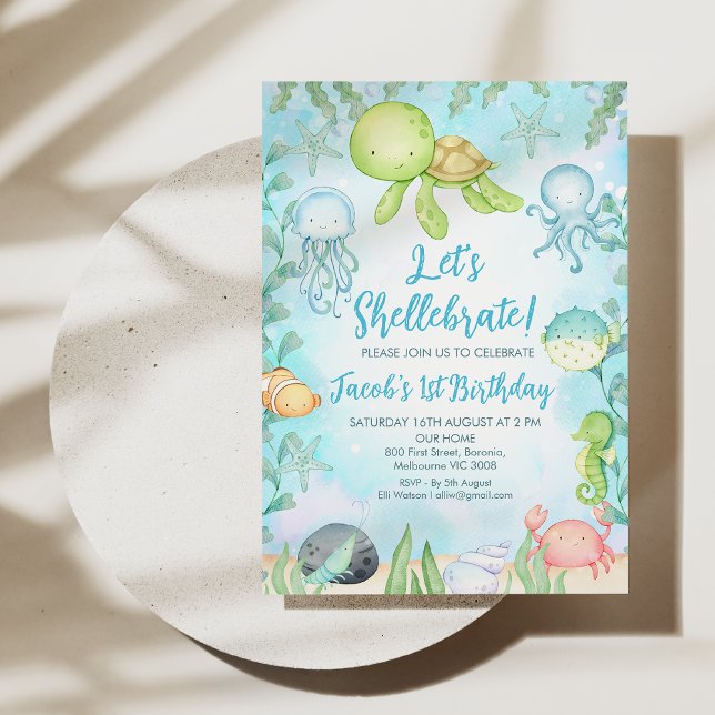 Invitación Tortuga marina con concha de niño bajo el cumpleañ (Let's Shellebrate 1st Birthday Invitation Template, Under the Sea Birthday Invitation Boy, Turtle)