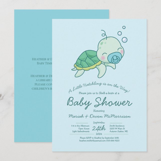 Invitación Tortuga marina cutánea Baby Shower Kawaii Blue Boy (Anverso / Reverso)