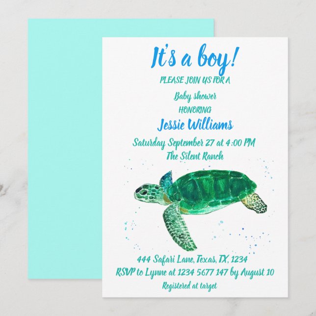 Invitación Tortuga marina desconchada bajo el mar Océano Bebé (Anverso / Reverso)