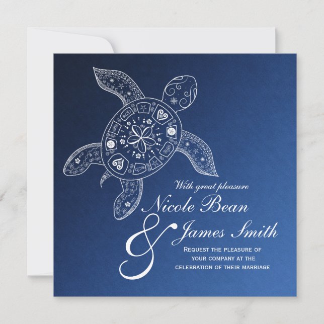 Invitación Tortuga marina hawaiana blanca en boda de playa az (Anverso)