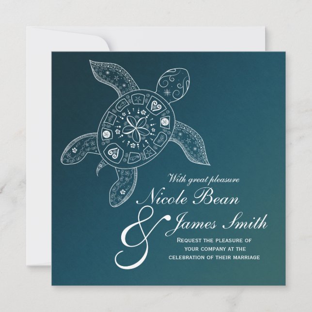 Invitación Tortuga marina hawaiana blanca en una Verde azulad (Anverso)