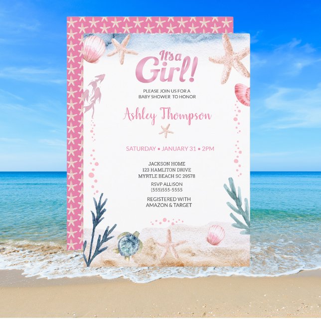 Invitación Tortuga marina rosa Chicas Starfish Baby Shower (Subido por el creador)