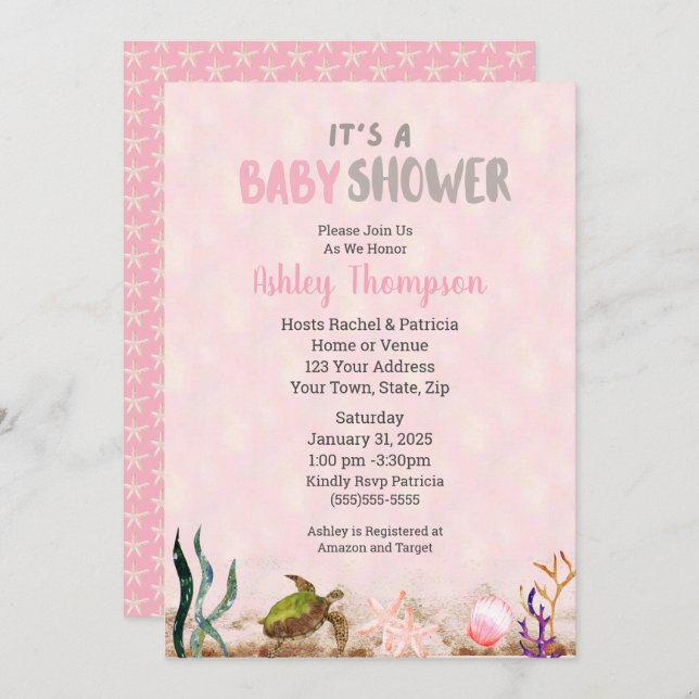 Invitación Tortuga marina rosa Chicas Starfish Baby Shower (Anverso / Reverso)