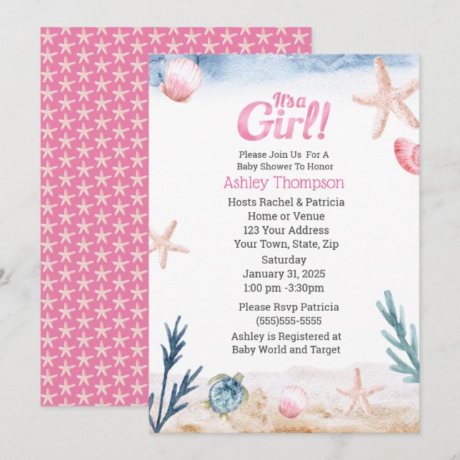 Invitación Tortuga marina rosa Chicas Starfish Baby Shower (Anverso / Reverso)