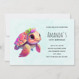 Invitación Tortuga Marina Rosa Cumpleaños Caprichoso y Lindo