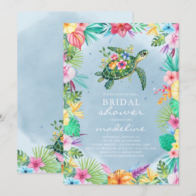 Invitación Tortuga marina Tropical Floral Bridal Shower (Anverso / Reverso)