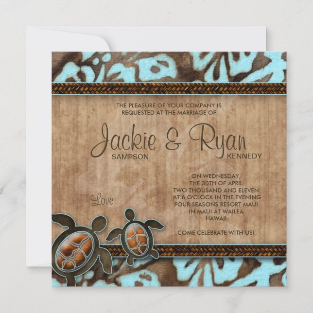 Invitación Tortuga marrón azul de la boda de playa (Anverso)
