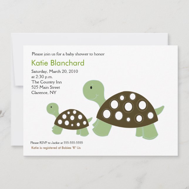 Invitación Tortuga verde y marrón moderna Baby Shower 5x7 (Anverso)
