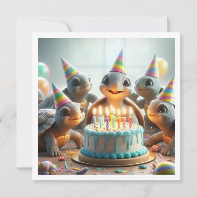 Invitación Tortugas bebés celebrando su cumpleaños con pastel (Anverso)