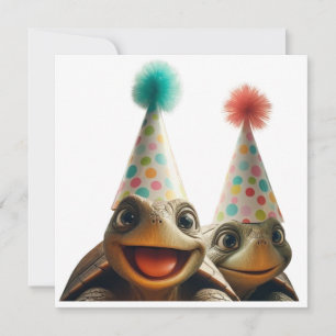 Invitación Tortugas celebrando cumpleaños con pastel y sombre