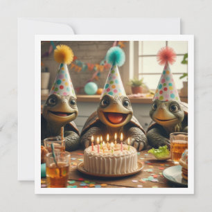 Invitación Tortugas celebrando cumpleaños con pastel y sombre