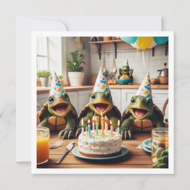 Invitación Tortugas celebrando su cumpleaños con tortas y gor (Anverso)
