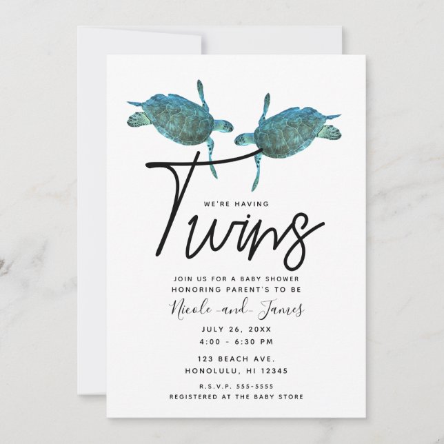 Invitación Tortugas del mar Azul verde azuladas Gemelos Baby  (Anverso)