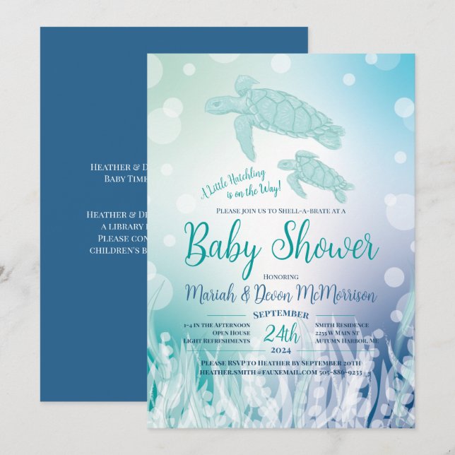Invitación Tortugas marinas Baby Shower bajo el mar (Anverso / Reverso)