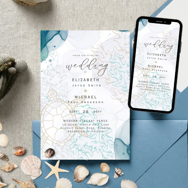Invitación Tortugas marinas Boda Verde azulado de Ocean Life  (Subido por el creador)