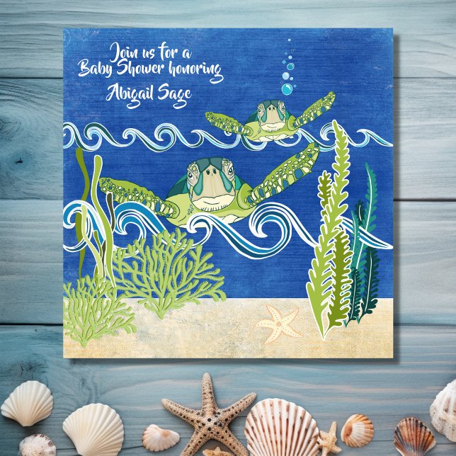 Invitación Tortugas marinas Ocean Beach Neutral/Boys Baby Sho (Front - Sea Turtles Ocean Beach Neutral Boys Baby Shower Invitation)