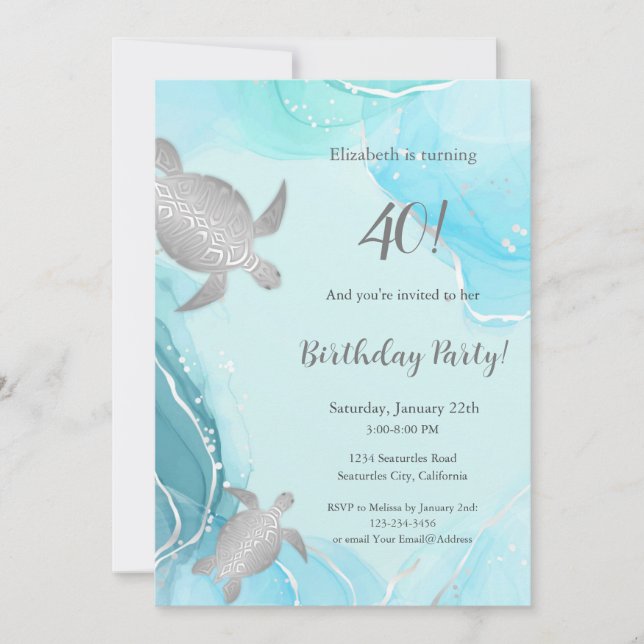 Invitación Tortugas Marinas Plateadas |  Tinta Azul | Cumplea (Anverso)