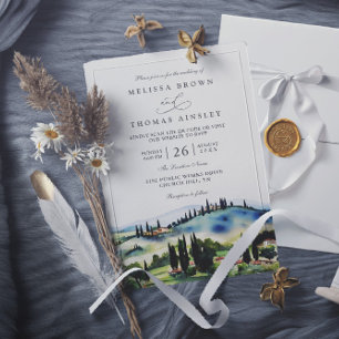 Invitación Toscana Italia Paisaje Acuarela Código QR Boda